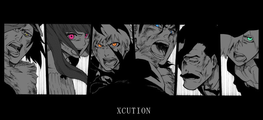 2girls 4boys aura battle black_border black_hair bleach blue_eyes blunt_bangs border close-up commentary dirty dirty_clothes dirty_face dokugamine_riruka eyelashes eyepatch floating_hair ginjou_kuugo green_eyes greyscale hair_between_eyes half-closed_eyes hat highres jackie_tristan ken&#039;ichi_(ken1ro_u) kurosaki_ichigo kutsuzawa_giriko limited_palette lips long_hair looking_at_viewer monochrome motion_lines multiple_boys multiple_girls nose open_mouth orange_eyes peaked_cap pink_eyes serious short_hair simple_background spiked_hair symbol-only_commentary teeth twintails upturned_eyes white_background yellow_eyes yukio_hans_vorarlberna