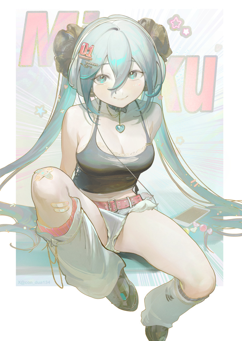 1girl absurdres alternate_costume aqua_eyes aqua_hair arm_support bandaid bandaid_on_knee bandaid_on_leg bare_shoulders belt_buckle belt_collar black_camisole blush bra bra_peek bra_strap breasts buckle camisole candy cellphone character_name chi_trinh cleavage collar commentary cross-laced_clothes denim denim_shorts food grey_panties grey_shorts hair_between_eyes hatsune_miku headphones heart_pendant highres knee_up large_breasts leg_warmers long_hair long_hair_between_eyes long_sidelocks looking_at_viewer musical_staff navel panties panty_peek phone shoes short_shorts shorts sidelocks sitting smartphone smile solo spread_legs thighs twintails twitter_username underwear upshorts very_long_hair vocaloid white_bra white_leg_warmers