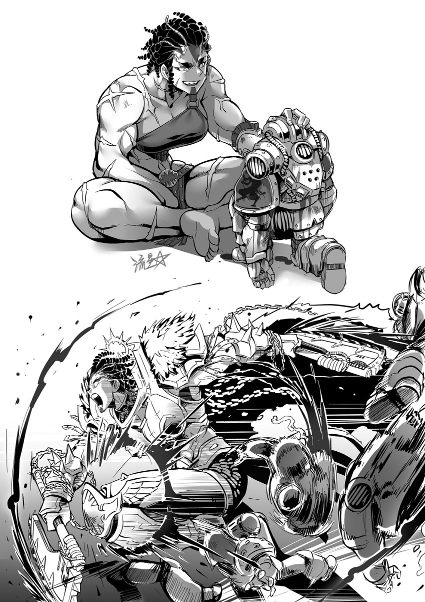 1boy 1girl :d adeptus_astartes angron armor axe barefoot blank_eyes bleeding blood boobplate breastplate breasts cable chain chain_axe chaos_(warhammer) chaos_space_marine cleavage commentary dreadlocks genderswap genderswap_(mtf) giant giantess greyscale grin highres holding holding_axe indian_style large_breasts loincloth mechabare monochrome muscular muscular_female on_one_knee open_mouth pauldrons power_armor primarch running ryuusei_(mark_ii) scar sharp_teeth shoulder_armor sitting smile soles tall_female teeth warhammer_40k