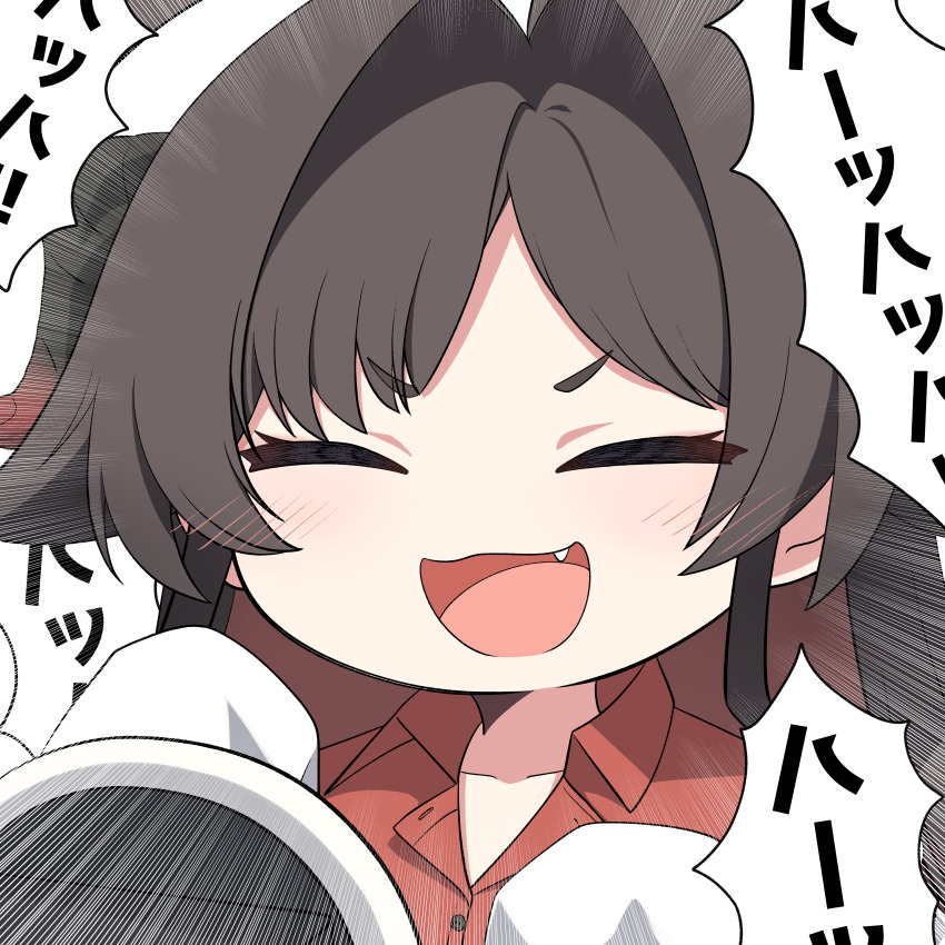1girl absurdres black_hair black_horns blue_archive blush closed_eyes collared_shirt demon_horns facing_viewer fang hair_intakes highres horns kasumi_(blue_archive) laughing long_hair master_m_489 open_mouth portrait red_shirt shirt simple_background smile solo white_background
