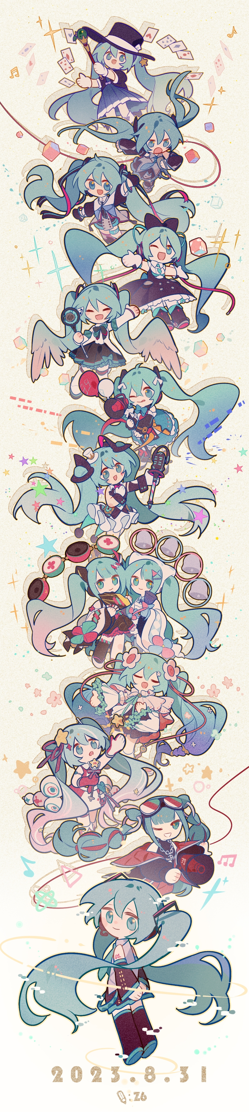 6+girls ;q ^_^ absurdres ace_(playing_card) ace_of_diamonds ace_of_hearts ace_of_spades animal_ears aqua_bow aqua_bowtie aqua_eyes aqua_flower aqua_hair aqua_sleeves arm_up armlet arms_behind_back artist_name balloon bare_shoulders bell belt belt_buckle black-framed_eyewear black_bow black_bowtie black_dress black_footwear black_gloves black_hat black_headphones black_jacket black_ribbon black_shirt black_shorts black_skirt black_sleeves black_socks black_thighhighs black_vest black_wrist_cuffs blue_belt blue_bow blue_bowtie blue_dress blue_eyes blue_gloves blue_necktie blue_ribbon blue_shirt blue_skirt blush_stickers boots bow bow_legwear bow_skirt bowtie braid brown_hair buckle buttons cable card card_in_hat chain chain_necklace chibi chinese_commentary closed_eyes collared_dress collared_shirt commentary_request cooking_pot cube dated detached_sleeves determined diamond_(shape) diamond_on_cheek disembodied_eye dress drop_shadow fake_animal_ears feathered_wings floating_clothes floating_hair flower folding_fan footwear_bow frilled_dress frilled_skirt frilled_sleeves frills gloves goggles goggles_on_head gradient_hair grey_footwear grey_shirt grey_thighhighs grey_vest hair_between_eyes hair_bow hair_extensions hair_flower hair_ornament hair_ribbon hair_wings hairclip half_gloves hand_fan hand_on_own_chest haori hat hat_ornament hatsune_miku headscarf headset heart highres holding holding_fan holding_megaphone holding_microphone holding_wand incredibly_absurdres jacket japanese_clothes jewelry knee_boots kneehighs lace lace-trimmed_dress lace_trim light_particles long_hair long_image long_skirt long_sleeves marking_on_cheek medium_dress megaphone microphone mini_hat mini_top_hat miniskirt multicolored_hair multiple_girls multiple_persona music musical_note necklace necktie number_tattoo o-ring okobo one_eye_closed open_clothes open_jacket open_mouth outline own_hands_together pants pink_bow pink_gloves pink_hair pink_ribbon plaid_bow plaid_bowtie plaid_clothes plaid_sleeves platform_sandals playing_card pleated_dress pleated_skirt pocket puffy_short_sleeves puffy_sleeves purple_bow rabbit_ears reaching red-tinted_eyewear red_bow red_dress red_hair red_jacket red_pants ribbon ribbon-trimmed_skirt ribbon_trim robe sandals shirt shirt_under_dress shoes short_dress short_sleeves shorts shoulder_tattoo singing single_detached_sleeve single_stripe single_thighhigh skirt sleeve_bow sleeveless sleeveless_dress sleeveless_shirt sleeves_past_wrists smile socks spade_(shape) sparkle star_(symbol) star_hair_ornament star_hat_ornament star_wand streaked_hair striped_ribbon tall_image tassel tattoo thigh_belt thigh_boots thigh_strap thighhighs tinted_eyewear tiptoes tongue tongue_out top_hat tutu twin_braids twintails two-sided_fabric two-sided_jacket two-sided_ribbon two-tone_bow two-tone_bowtie two-tone_gloves very_long_hair vest vocaloid waist_bow wand white_background white_bow white_flower white_footwear white_gloves white_haori white_hat white_headscarf white_jacket white_robe white_shirt white_skirt white_socks white_thighhighs winged_legs wings wrist_cuffs yellow_outline z6