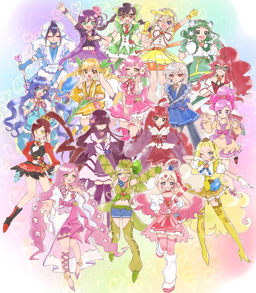6+girls alternate_costume brooch eiai_nano food-themed_hair_ornament groping_motion hair_ornament hanazono_hahari hanazono_hakari haraga_kurumi heart heart_brooch highres holding holding_wand iin_chiyo inda_karane jewelry kakure_meme kedarui_aashii kimi_no_koto_ga_dai_dai_dai_dai_daisuki_na_100-nin_no_kanojo macaron_hair_ornament magical_girl meido_mei momi_momiji multiple_girls oyomidtarumi parody precure sutou_iku torotoro_kishika utsukushisugi_mimimi wand yakuzen_kusuri yakuzen_kusuri_(older) yakuzen_yaku yamato_nadeshiko_(hyakkano) yasashiki_yamame yoshimoto_shizuka