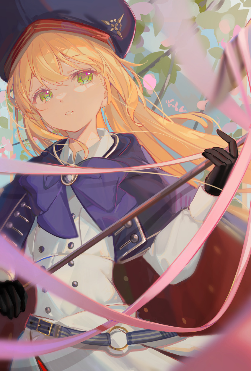 1girl absurdres artoria_caster_(fate) artoria_caster_(second_ascension)_(fate) artoria_pendragon_(fate) belt beret black_gloves blonde_hair blue_belt blue_cape blue_capelet blue_cloak bow buttons cape capelet cloak dress fate/grand_order fate_(series) gloves green_eyes hair_between_eyes hat highres holding holding_staff hood hooded_cape long_hair long_sleeves looking_at_viewer marmyadose_(fate) multicolored_cape multicolored_capelet multicolored_cloak o-ring o-ring_belt open_mouth ornament oyaji_hime solo staff striped_belt twintails