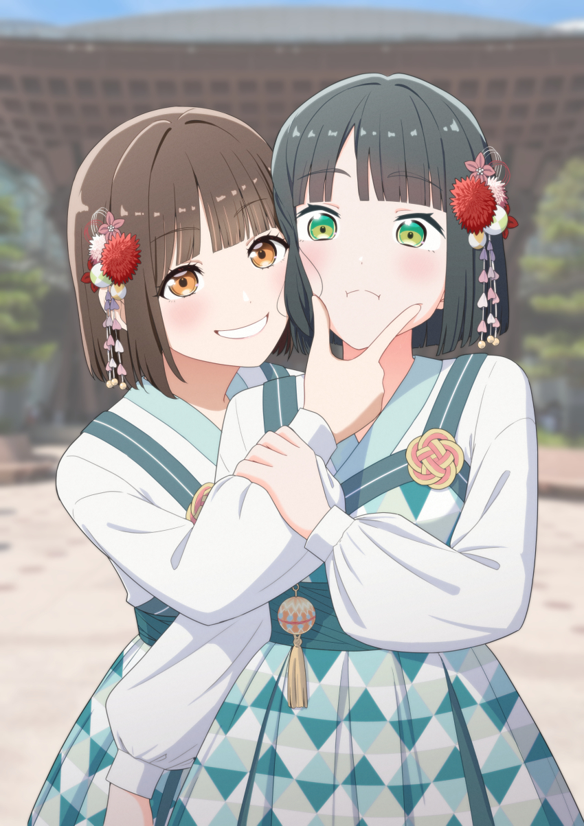 2girls :d :i absurdres animification aqua_dress black_hair blunt_bangs blunt_ends blurry blurry_background blush bob_cut brown_hair cheek_pinching cheek_press closed_mouth commentary cowboy_shot dress flower frown green_eyes grin hair_flower hair_intakes hair_ornament hand_on_another&#039;s_arm highres ishikawa_prefecture japanese_clothes kanazawa_station kimono link!_like!_love_live! long_sleeves looking_at_viewer love_live! momose_ginko multiple_girls official_alternate_costume open_mouth orange_eyes outdoors pinafore_dress pinching puffy_long_sleeves puffy_sleeves real_life red_flower sakurai_hina short_hair sleeveless sleeveless_dress smile tera_dash virtual_youtuber voice_actor voice_actor_connection white_kimono