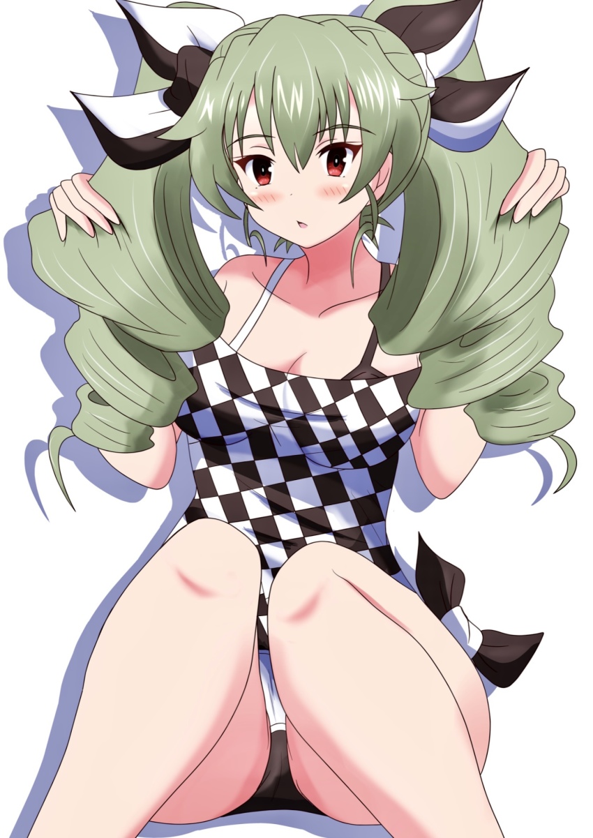 1girl :o anchovy_(girls_und_panzer) black_ribbon black_shorts breasts casual checkered_clothes checkered_shirt commentary drill_hair girls_und_panzer green_hair hair_ribbon hands_in_hair highres invisible_chair long_hair looking_at_viewer medium_breasts meiya parted_lips red_eyes ribbon shadow shirt short_shorts shorts simple_background sitting solo tied_shirt twin_drills twintails white_background white_ribbon