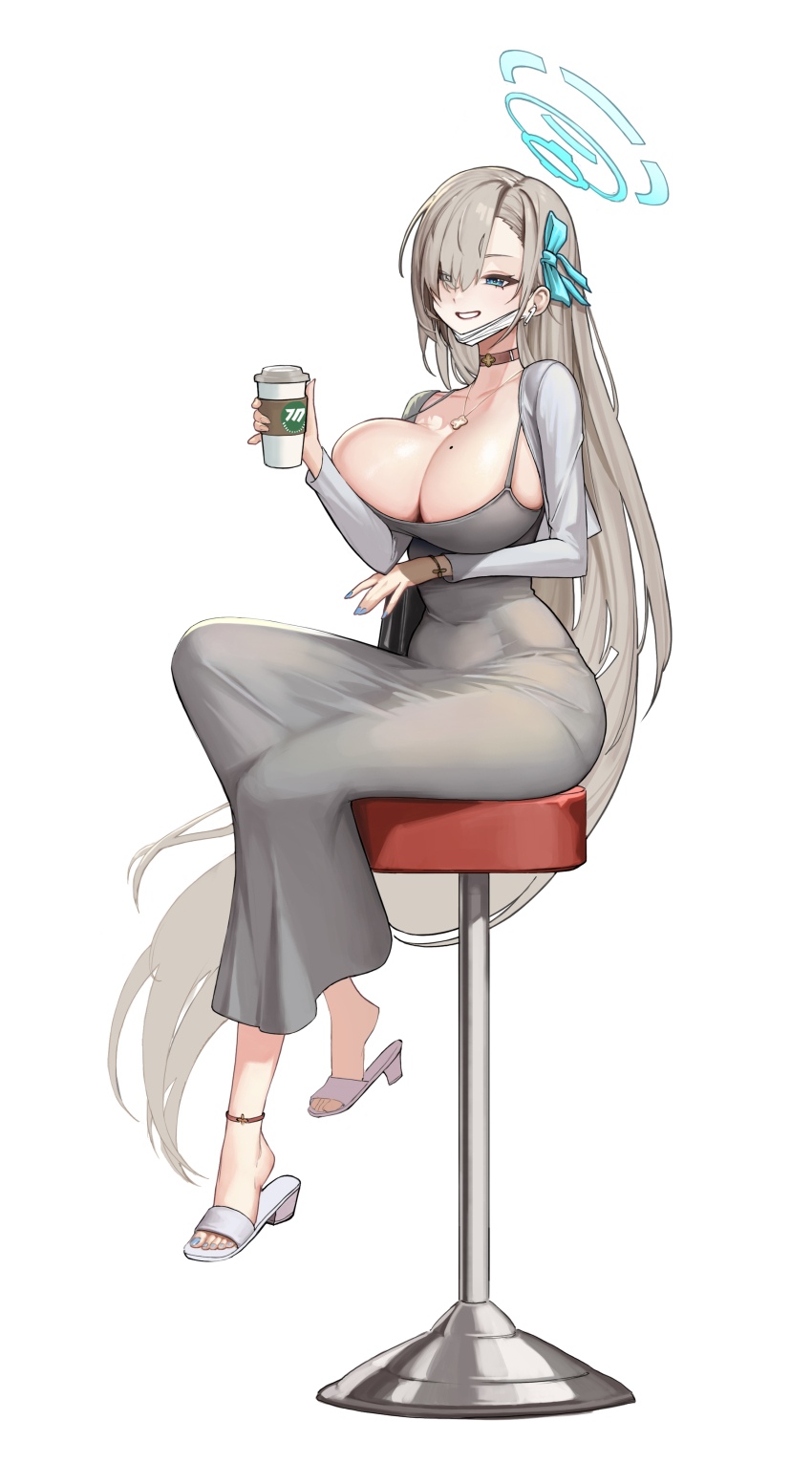 1girl absurdres alternate_costume asuna_(blue_archive) blonde_hair blue_archive blue_eyes blue_ribbon blush breasts cardigan coffee cropped_jacket cup disposable_coffee_cup disposable_cup dongtan_dress dress grey_dress grin hair_over_one_eye hair_ribbon highres holding holding_cup huge_breasts jewelry long_hair looking_at_viewer mask meme_attire mole mole_on_breast mouth_mask necklace no_bra on_stool puka_(oni) ribbon sidelocks sitting slippers smile solo surgical_mask tight_clothes tight_dress white_cardigan white_mask white_slippers