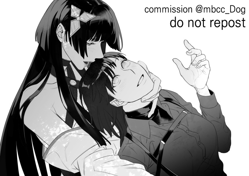 2girls bare_shoulders blush chest_strap chief_(path_to_nowhere) commentary_request commission dog_9uk english_text female_chief_(path_to_nowhere) greyscale hair_ornament hand_on_another&#039;s_neck korean_commentary long_hair long_sleeves looking_at_another mole mole_under_eye monochrome multiple_girls off_shoulder open_mouth parted_lips path_to_nowhere shirt smile sumire_(path_to_nowhere) twitter_username upper_body yuri