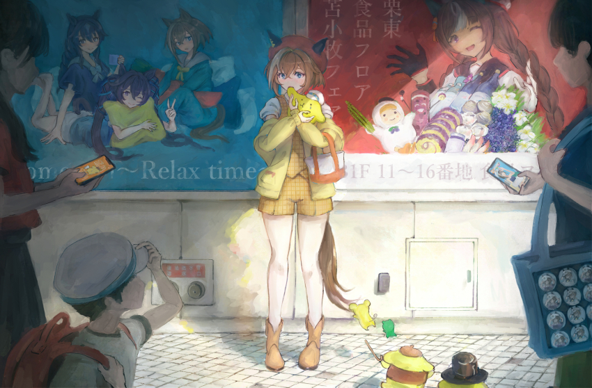 ;) ;d animal_ears asparagus backpack badge bag beret blue_bag blue_eyes bottle brown_footwear brown_hair button_badge cellphone character_request cheval_grand_(umamusume) crossover cup ears_through_headwear full_body haskap hat highres hokko_tarumae_(umamusume) holding holding_cup holding_phone horse_ears horse_girl mascot multicolored_hair official_alternate_costume one_eye_closed open_mouth orange_shorts pajamas peaked_cap phone plaid_clothes plaid_shorts pompompurin red_bag sanrio shorts smartphone smile solo_focus streaked_hair suke_omi tomachop umamusume v verxina_(umamusume) vivlos_(umamusume) white_hair white_hat yoitomake_(food)