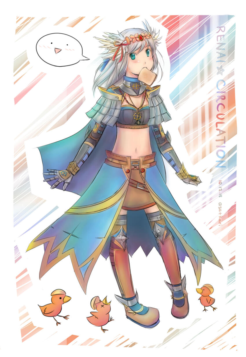 1girl absurdres armor bird black_thighhighs blue_cape blue_eyes blush boots bread bread_slice brown_boots brown_skirt cape character_name chick commentary commission cross cross_necklace cross_of_prontera english_commentary flat_chest flower food food_in_mouth full_body gauntlets grey_hair head_wings head_wreath highres jewelry kari_avalon long_hair looking_at_viewer mouth_hold navel necklace open_mouth pauldrons picky_(ragnarok_online) pink_flower ragnarok_online royal_guard_(ragnarok_online) shoulder_armor skirt solo thigh_boots thighhighs toast toast_in_mouth waist_cape wings