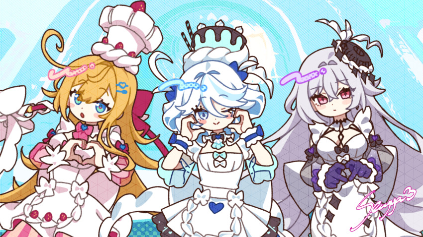 3girls ahoge apron arms_up black_bow blonde_hair bloomers blue_eyes blue_hair blue_nails blush bow breasts chef_hat chibi cream crossed_bangs diamond_(shape) drop-shaped_pupils escoffier_(genshin_impact) food food-themed_hat fruit furina_(genshin_impact) garter_straps genshin_impact grey_hair hair_between_eyes hair_ornament hat heart heart_hands heart_in_eye heterochromia highres ice_s_s_z long_hair looking_at_viewer mechanical_tail medium_breasts multicolored_hair multiple_girls nail_polish one_eye_closed open_mouth pink_bow pink_nails prosthesis prosthetic_arm red_eyes short_hair sitting skirk_(genshin_impact) small_breasts strawberry striped_clothes symbol-shaped_pupils symbol_in_eye tail thighhighs top_hat underwear upper_body vertical-striped_clothes white_apron white_bow white_hair wrist_cuffs