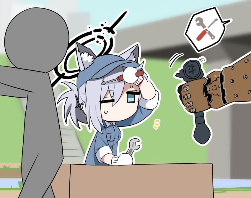 1boy 1girl animal_ear_fluff animal_ears arm_up b.t._(boob_tong) baseball_cap black_choker black_halo blue_archive breast_pocket breath broken broken_halo broken_weapon choker cross cross_hair_ornament crucible_(doom) dark_halo doom_(series) doomguy ears_through_headwear extra_ears gauntlets gloves grey_hair hair_ornament halo hat highres holding holding_screwdriver holding_weapon holding_wrench inverted_cross jumpsuit long_sleeves mechanic military_fatigues military_uniform notice_lines one_eye_closed pocket ponytail rectangular_eyes screwdriver shiroko_(blue_archive) shiroko_terror_(blue_archive) sleeves_rolled_up speech_bubble sweat tools weapon white_gloves wolf_ears wolf_girl wrench