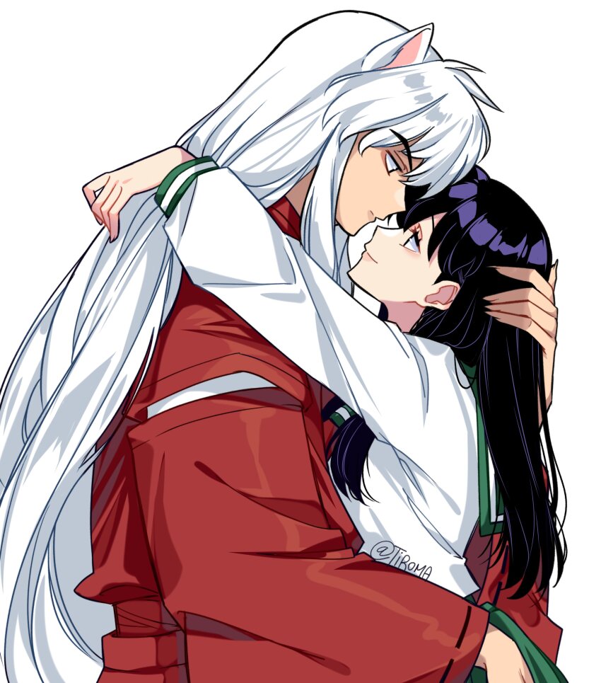 1boy 1girl absurdres animal_ears arm_around_waist arms_around_neck black_hair breasts couple dog_boy dog_ears fingernails green_sailor_collar green_skirt hair_between_eyes hand_in_another&#039;s_hair haori hetero highres higurashi_kagome inuyasha inuyasha_(character) japanese_clothes light_smile long_hair looking_at_another medium_breasts pleated_skirt red_haori red_shirt sailor_collar sharp_fingernails shirt sidelocks skirt tiroma twitter_username upper_body white_background white_hair white_shirt