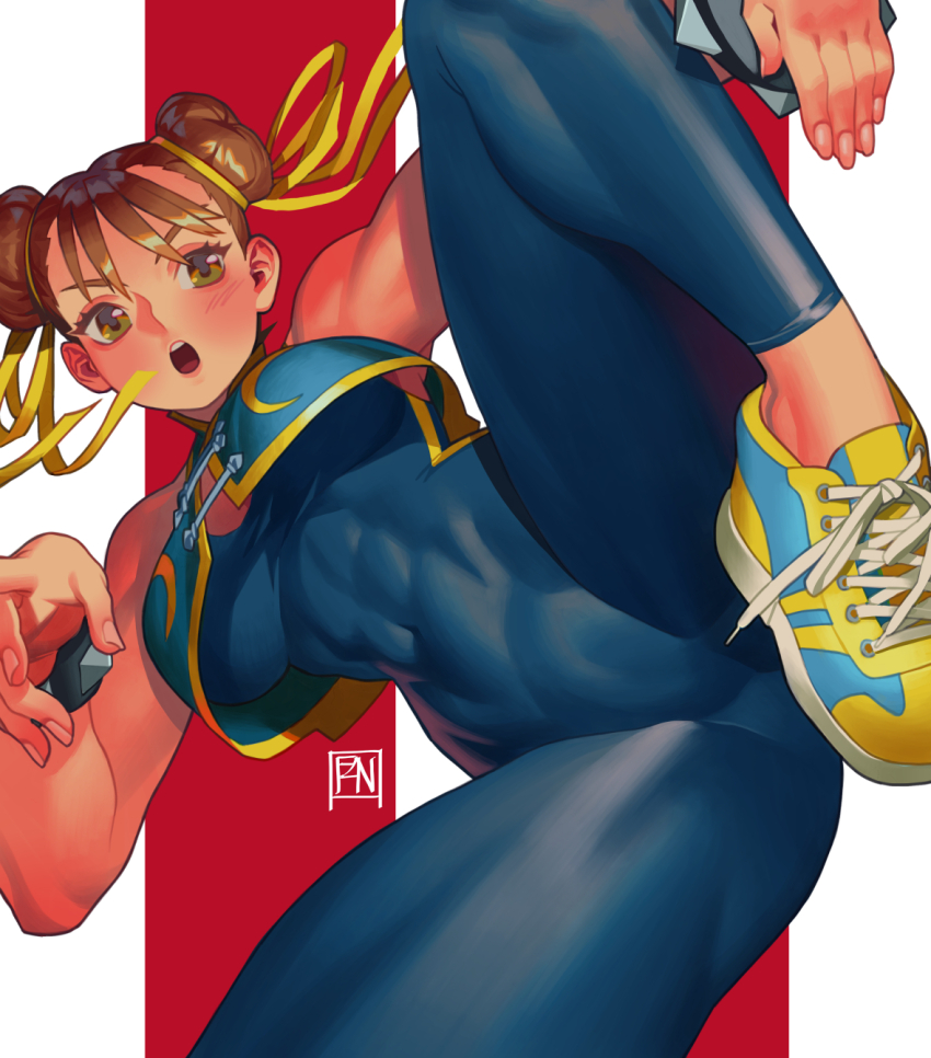 1girl abs armpit_peek biceps blue_bodysuit blush bodysuit bracelet breasts brown_eyes brown_hair capcom chun-li covered_navel double_bun hair_between_eyes hair_bun hair_ribbon highres jewelry kicking large_breasts leg_up muscular muscular_female narrow_waist no_socks open_mouth poch4n red_background ribbon shoes short_hair signature solo spiked_bracelet spikes street_fighter street_fighter_zero_(series) teeth thick_thighs thighs two-tone_background upper_teeth_only white_background yellow_shoes