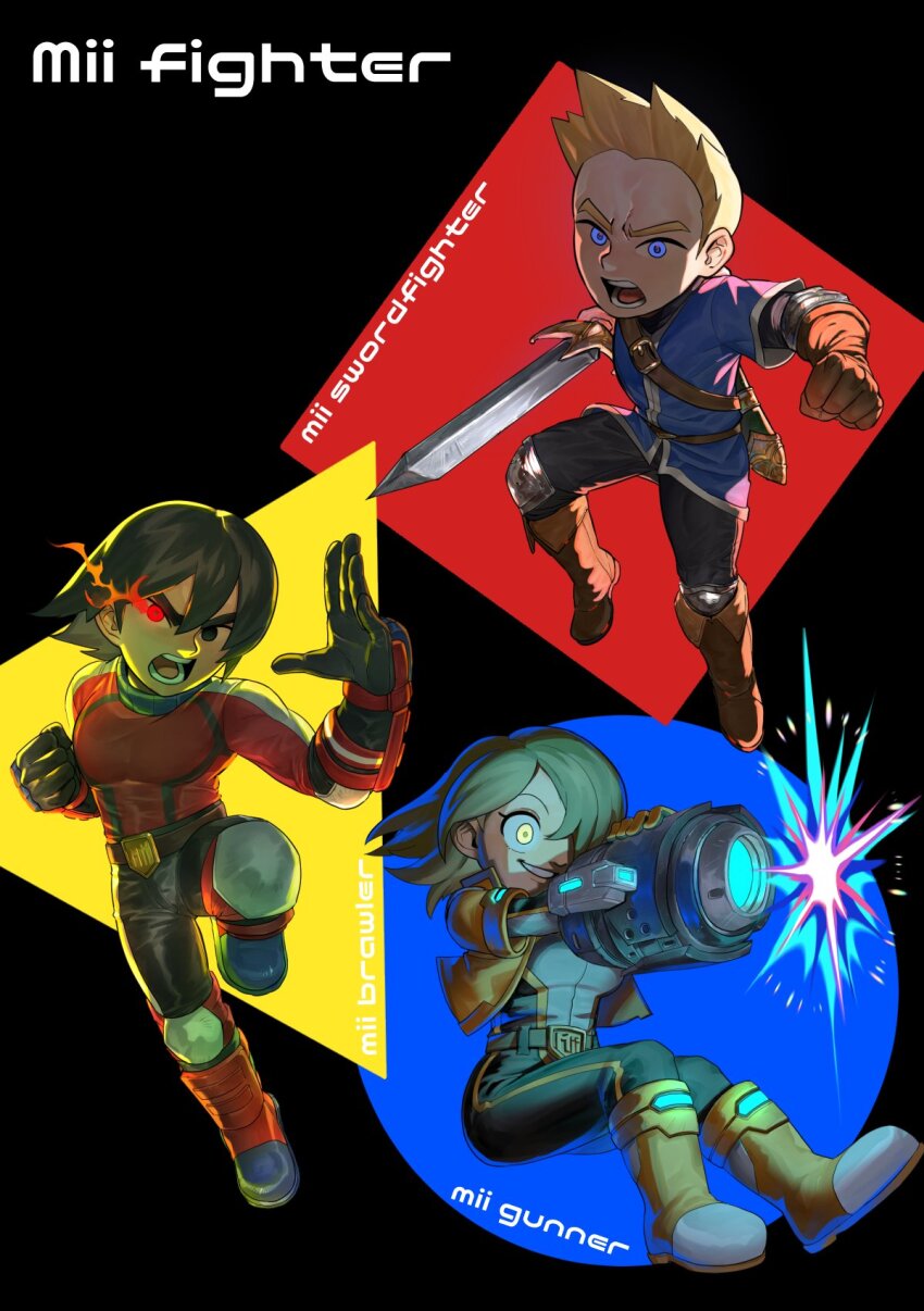 1girl 2boys aiming arm_cannon arm_guards armor artist_name belt black_background black_bodysuit black_eyes black_gloves black_hair black_pants blonde_hair blue_background blue_eyes blue_light bodysuit boots breasts brown_belt brown_boots brown_gloves brown_hair character_name circle clenched_hand cropped_jacket dancho_no_mori elbow_pads eye_trail fighting_stance flaming_eye full_body gloves glowing glowing_eye grin hair_between_eyes hair_over_one_eye hands_up heterochromia highres holding holding_sword holding_weapon jacket knee_pads knee_up leg_up legs_up light_trail long_sleeves looking_at_viewer midair mii_brawler mii_brawler_(smash_ultimate) mii_gunner mii_gunner_(smash_ultimate) mii_swordfighter mii_swordfighter_(smash_ultimate) multiple_boys nintendo no_sclera open_hand open_mouth pants powering_up red_background red_boots red_eyes red_shirt red_sweater scabbard sheath shirt short_hair short_sleeves shoulder_belt signature smile square standing standing_on_one_leg super_smash_bros. sweater sword teeth triangle twitter_username v-shaped_eyebrows weapon wide-eyed yellow_background yellow_boots yellow_eyes yellow_jacket yellow_light