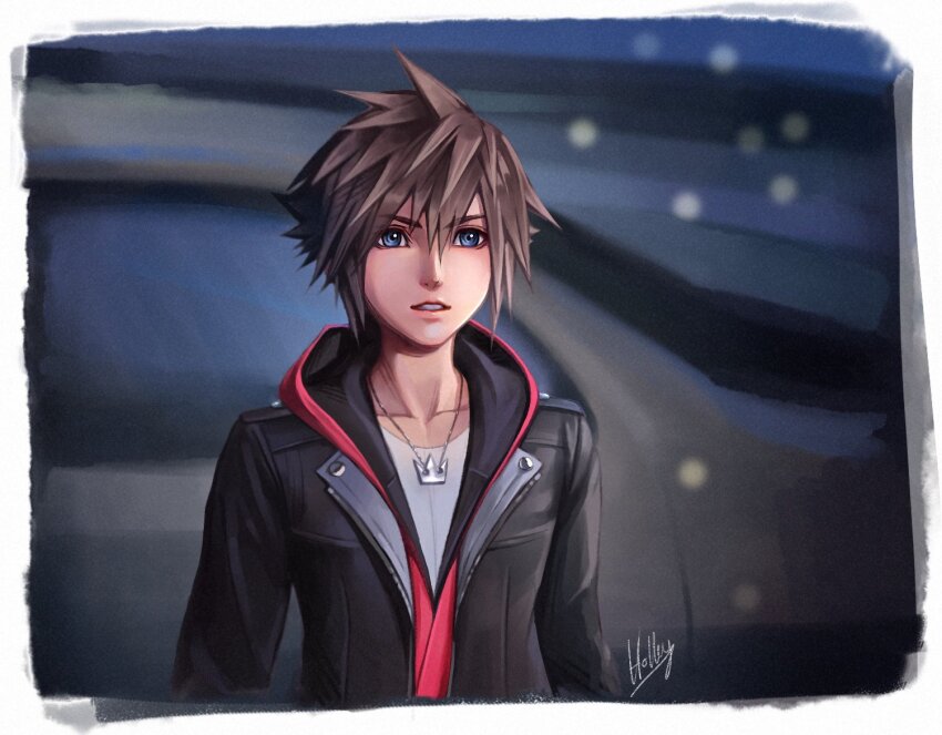 1boy black_jacket blue_eyes border brown_hair commentary derivative_work english_commentary hollypolllyy hood hood_down hoodie jacket kingdom_hearts kingdom_hearts_iv long_sleeves looking_at_viewer male_focus official_alternate_costume open_clothes open_jacket red_hoodie screenshot_redraw signature solo sora_(kingdom_hearts) spiked_hair white_border