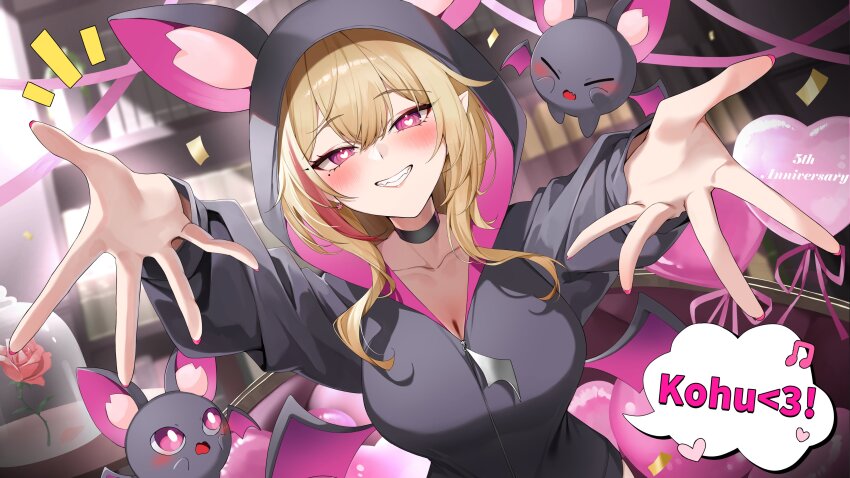 1girl absurdres animal_hood anniversary balloon bat_(animal) bat_hood black_choker black_hoodie blonde_hair blurry blurry_background blush bookshelf breasts bright_pupils choker closed_eyes commission confetti earrings eighth_note fang flower flower_earrings gawawawa heart heart-shaped_pupils heart_balloon highres hood hood_up hoodie indoors jewelry kou_mariya large_breasts long_hair long_sleeves looking_at_viewer mole mole_under_eye multicolored_hair musical_note nail_polish navel notice_lines open_mouth outstretched_arms pink_flower pink_nails pointy_ears purple_eyes reaching reaching_towards_viewer red_flower red_hair red_rose rose second-party_source skin_fang slit_pupils smile solo speech_bubble streaked_hair symbol-shaped_pupils upper_body v4mirai virtual_youtuber white_pupils zipper zipper_pull_tab