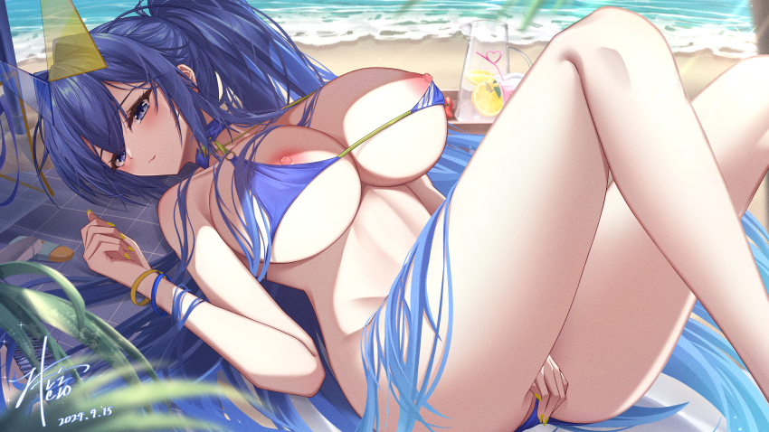 1girl 2024 absurdres ass averting_eyes azur_lane bare_shoulders beach bikini blue_bikini blue_eyes blue_hair blush breasts cleavage commentary covered_erect_nipples covering_crotch covering_privates day drinking_straw embarrassed feet_out_of_frame food fruit hair_between_eyes highres huge_breasts legs lemon lemon_slice long_hair looking_at_viewer lying new_jersey_(azur_lane) new_jersey_(midsummer_leisure)_(azur_lane) nipples official_alternate_costume on_back outdoors sand signature solo summer swimsuit very_long_hair water z_shitei_ero