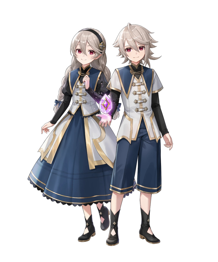 1boy 1girl black_hairband braided_twintails corrin_(female)_(fire_emblem) corrin_(female)_(young_kinship)_(fire_emblem) corrin_(fire_emblem) corrin_(male)_(fire_emblem) corrin_(male)_(young_kinship)_(fire_emblem) dragonstone dual_persona fire_emblem fire_emblem_fates fire_emblem_heroes grey_hair hairband highres looking_at_viewer matching_outfits mirror_twins nintendo non-web_source official_art pointy_ears red_eyes siblings smile tachi-e twins twintails