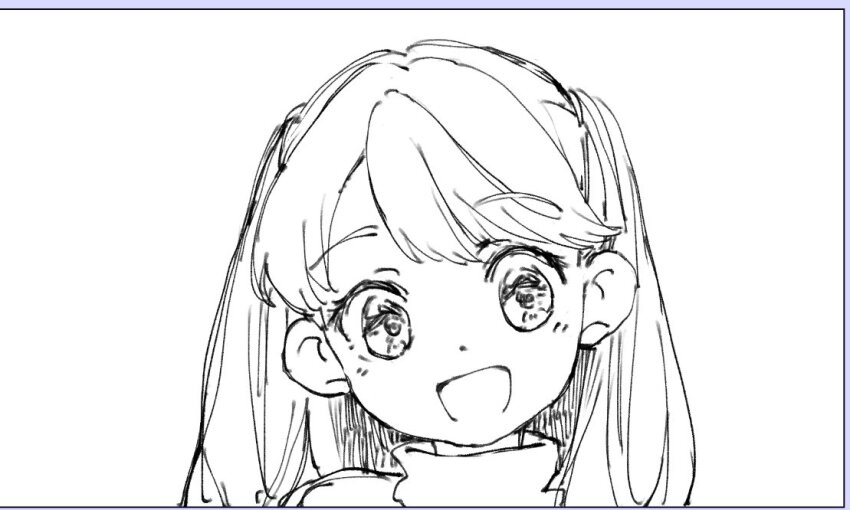 1girl :d fujishima_megumi fujishima_megumi_(young) greyscale head_tilt l9525 link!_like!_love_live! long_hair looking_at_viewer love_live! monochrome open_mouth smile solo sweater swept_bangs turtleneck turtleneck_sweater two_side_up virtual_youtuber
