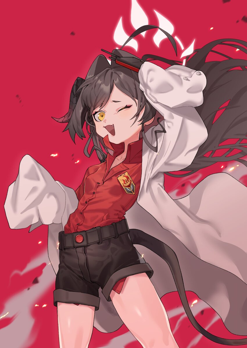 1girl absurdres blue_archive breasts brown_hair demon_horns fang hair_intakes halo highres horns kasumi_(blue_archive) lab_coat long_hair long_sleeves red_background shimiya_jin shorts simple_background sleeves_past_wrists small_breasts tail yellow_eyes