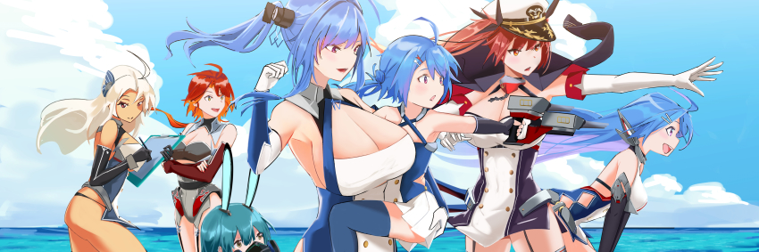 6+girls absurdres ahoge animal_ears aqua_hair ass azur_lane black_garter_straps black_gloves black_jacket black_panties black_ribbon blonde_hair blue_sky boise_(azur_lane) breasts brooklyn_(azur_lane) buttons carrying carrying_person cleavage collar criss-cross_halter crossed_arms dark-skinned_female dark_skin detached_sleeves double-breasted dress elbow_gloves fake_animal_ears fingerless_gloves from_side garter_straps gloves gradient_hair hair_between_eyes hair_ribbon halterneck headgear helena_(azur_lane) helena_(retrofit)_(azur_lane) highres holding holding_weapon honolulu_(azur_lane) huge_breasts jacket jacket_on_shoulders kotalier large_breasts leaning_forward lena_(azur_lane) light_purple_hair looking_at_viewer mechanical_ears medium_breasts metal_collar microdress military military_uniform miniskirt multicolored_hair multiple_girls nail_polish naval_uniform open_mouth orange_hair outdoors outstretched_arm oxygen_mask panties pelvic_curtain phoenix_(azur_lane) purple_eyes red_eyes red_hair red_nails retrofit_(azur_lane) ribbon short_hair_with_long_locks skirt sky sleeveless sleeveless_dress st._louis_(azur_lane) string_panties taut_clothes taut_dress twintails two-tone_hair underwear water weapon white_gloves white_headwear white_skirt yellow_eyes