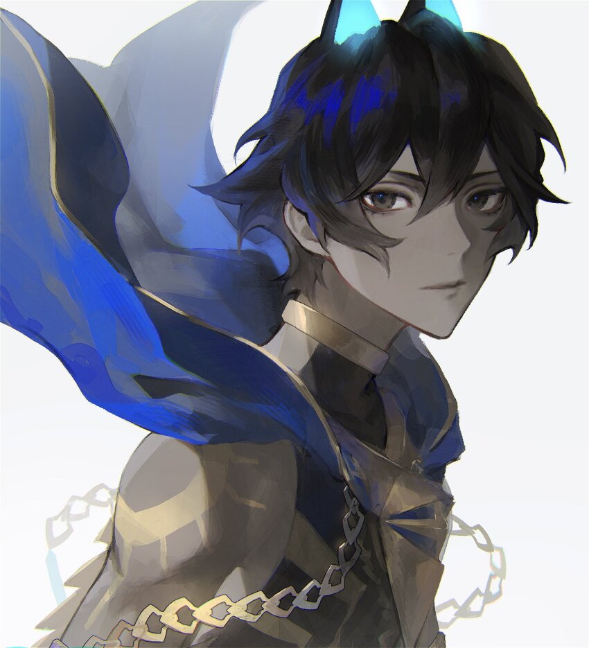 1boy arjuna_(fate) arjuna_alter_(fate) black_eyes black_hair cape dark-skinned_male dark_skin fate/grand_order fate_(series) hair_between_eyes highres horns indian_clothes male_focus rei_(rei_1424) short_hair simple_background solo upper_body white_background