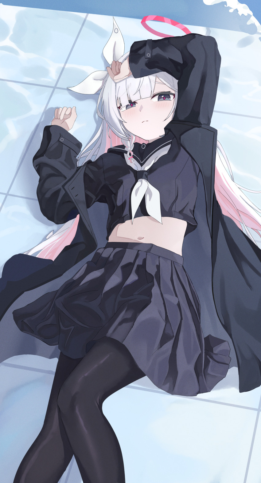 1girl absurdres arm_up black_coat black_eyes black_pantyhose black_sailor_collar black_shirt black_skirt blue_archive bow closed_mouth coat commentary_request cropped_shirt halo highres long_hair long_sleeves looking_at_viewer lying midriff mixian navel neckerchief on_floor on_side open_clothes open_coat pantyhose plana_(blue_archive) pleated_skirt red_halo sailor_collar shirt skirt solo very_long_hair white_bow white_neckerchief