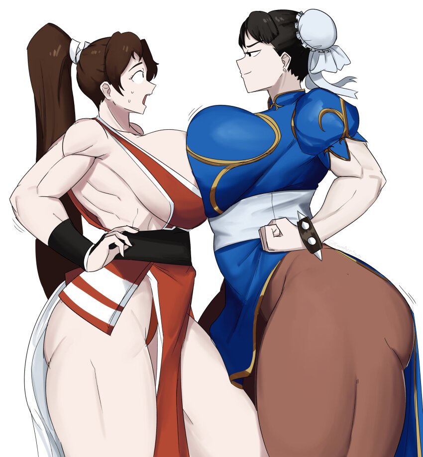 2girls absurdres bad_tag bare_legs biceps black_hair bouncing_breasts bracelet breast_press breasts brown_hair capcom capcom_vs._snk chun-li clenched_hand fatal_fury height_growth helmet high_ponytail highres huge_breasts jewelry large_breasts motoyui multiple_girls muscle_growth muscular muscular_female ninja no_bra non-web_source obi open_mouth pantyhose parted_bangs ponytail rivalry sash shiranui_mai sideboob smile snk snk_vs_capcom:_match_of_the_millennium spiked_bracelet spikes street_fighter surprised symmetrical_docking tall_female thick_thighs thighs
