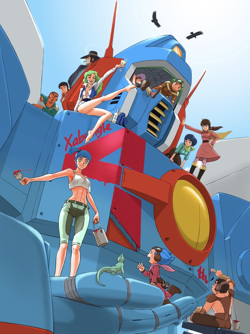 6+boys absurdres aobito_sukoyaka_bystander bag bandana bandana_around_neck barefoot belt birin_nada blue_eyes blue_hair boots brown_boots brown_hair brown_headband brown_pants burume buzz_cut character_name chill_(xabungle) copyright_name dress dyke_(xabungle) elchi_cargo geraba_geraba goggles goggles_on_head green_hair hair_bobbles hair_ornament handbag hat headband high_side_ponytail highres jiron_amos kid_horla lizard maria_maria multiple_boys paint pants pink_dress rag_uralo sentou_mecha_xabungle short_hair sitting sitting_on_mecha standing sun_hat timp_sharon toned toned_female very_short_hair xabungle_(mecha)
