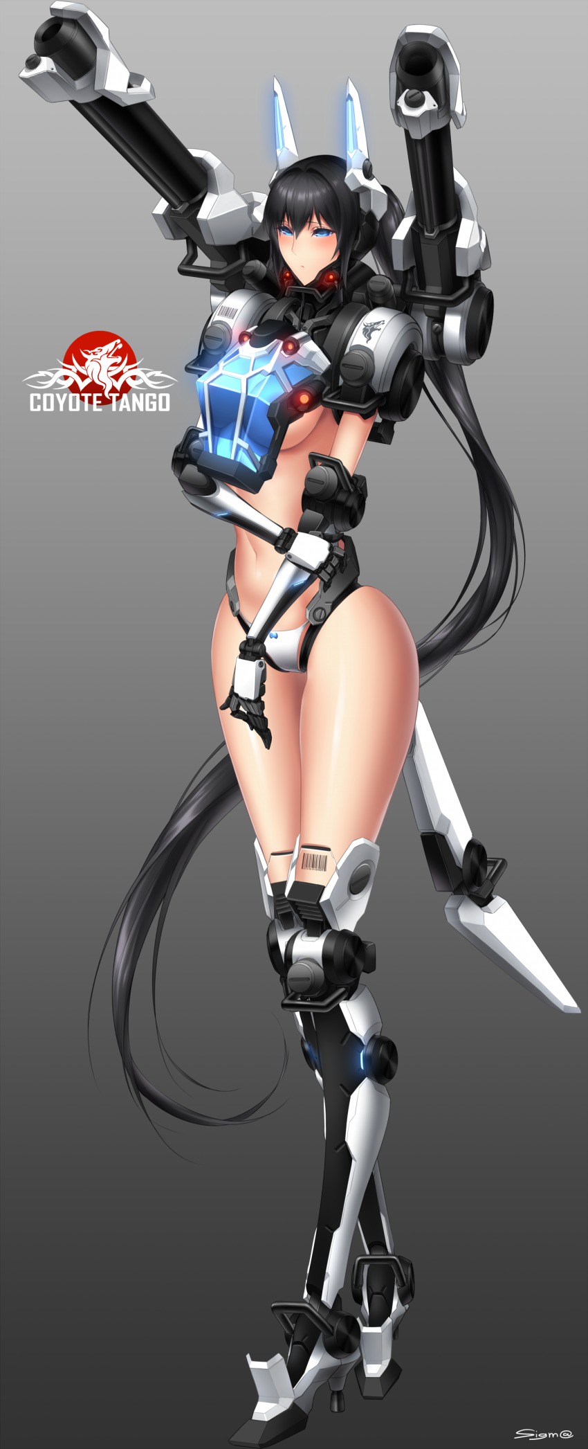 1girl absurdres artillery bad_id bad_pixiv_id ballistic_mortar_cannons black_hair blue_eyes blush breasts cannon character_name coyote coyote_tango crest dual_wielding emblem full_body glowing headgear highres holding jaeger_(pacific_rim) joints large_breasts legendary_pictures long_hair mecha_musume mechanical_arms mortar_(weapon) navel pacific_rim pan_pacific_defense_corps personification ponytail robot_joints shoulder_cannon shoulder_gun sideboob sigm@ single_mechanical_arm very_long_hair