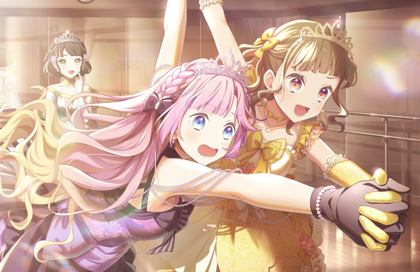 3girls :d anyoji_hime anyoji_hime_(kaikou_no_butoukai) armpits bare_shoulders black_bow black_gloves black_hair blonde_hair blue_eyes blunt_bangs blush bob_cut bow braid breasts brown_hair center-flap_bangs collarbone dance_studio dancing dress dress_bow elbow_gloves finger_to_cheek frilled_dress frilled_gloves frills full-length_mirror game_cg gloves gold_tiara gradient_hair green_eyes hair_bow halter_dress halterneck highres holding_hands in-universe_location interlocked_fingers kachimachi_kosuzu kachimachi_kosuzu_(tankyuu_no_butoukai) large_breasts link!_like!_love_live! long_hair love_live! lower_teeth_only medium_breasts mirror momose_ginko momose_ginko_(kiseki_no_butoukai_(104th)) multicolored_hair multiple_girls off-shoulder_dress off_shoulder official_alternate_costume official_alternate_hairstyle official_art open_mouth orange_eyes pink_hair puffy_short_sleeves puffy_sleeves purple_dress purple_tiara short_hair short_sleeves side_braids sidelocks sleeveless sleeveless_dress smile swept_bangs teeth third-party_source v-shaped_eyebrows very_long_hair virtual_youtuber wavy_hair white_dress yellow_bow yellow_dress yellow_gloves