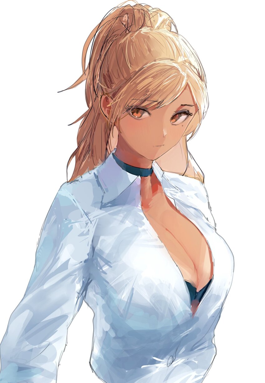 1girl black_bra black_choker blonde_hair borrowed_character bra bra_peek breasts choker cleavage closed_mouth collared_shirt commission dark-skinned_female dark_skin gyaru hibiki_(macqus) highres large_breasts long_hair long_sleeves looking_to_the_side mole mole_under_eye nemofurai orange_eyes original partially_unbuttoned ponytail shirt simple_background skeb_commission solo tan underwear upper_body white_background white_shirt