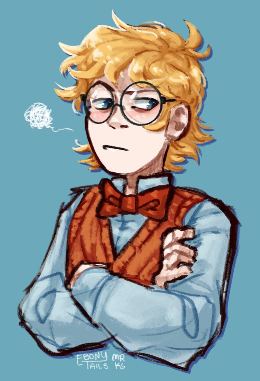 1boy aqua_background aqua_shirt artist_name blonde_hair blue_eyes blush bow bowtie closed_mouth collared_shirt commentary cropped_torso crossed_arms drop_shadow ebonytails english_commentary frown glasses highres long_sleeves looking_at_viewer male_focus messy_hair orange_sweater_vest pale_skin raised_eyebrow red_bow red_bowtie round_eyewear shirt short_hair signature simple_background solo sweater_vest tobey_mccallister_iii upper_body wordgirl_(series)