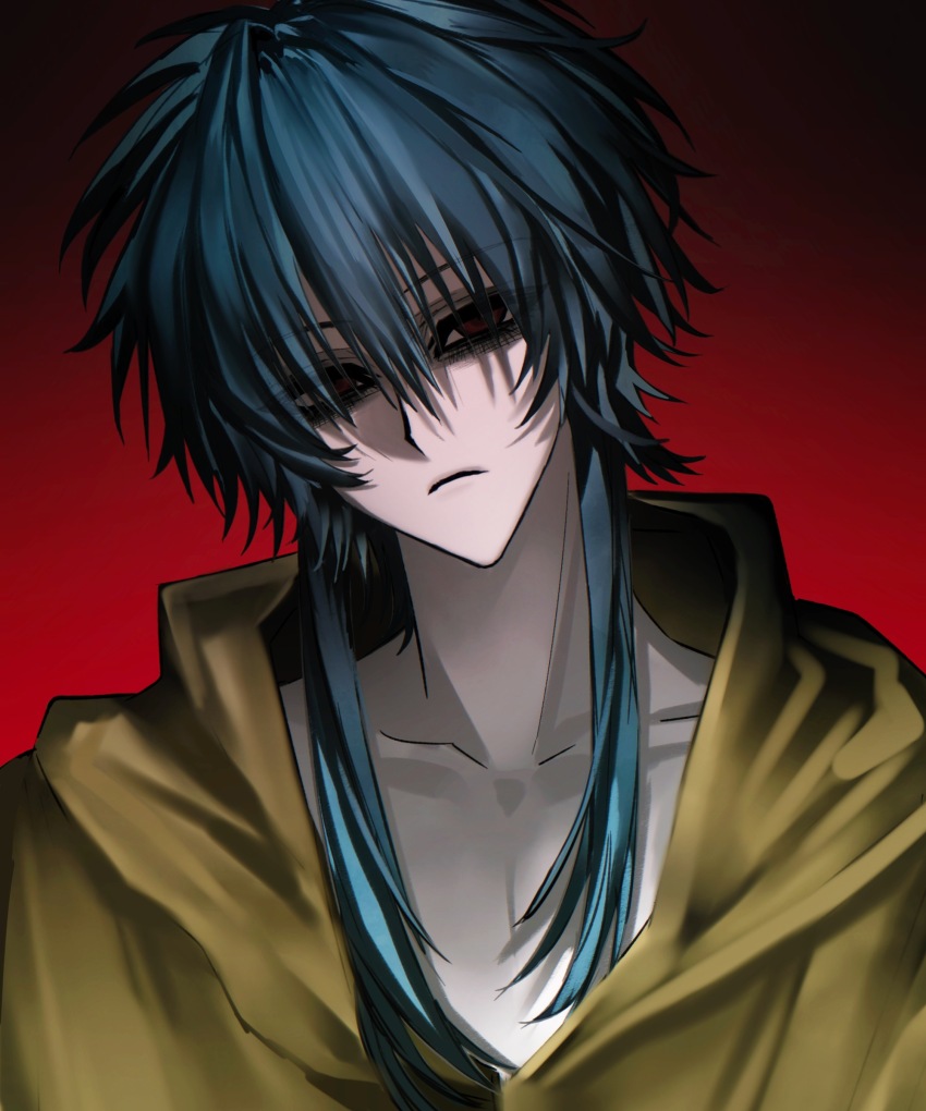 1boy absurdres blue_hair chinese_commentary closed_mouth collarbone commentary_request empty_eyes eyes_visible_through_hair frown highres hood hood_down hooded_jacket jacket male_focus moyu_shuang red_background red_eyes short_hair_with_long_locks simple_background solo upper_body ushirono_fuyu variant_set yellow_jacket zeno_(game)