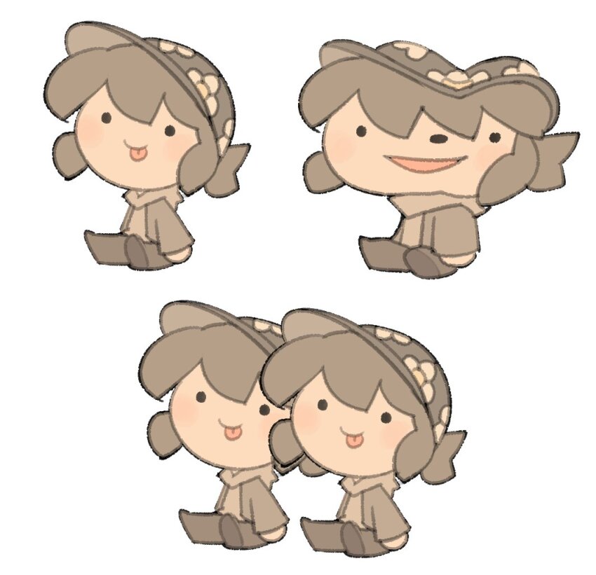 2girls :p blush clone closed_mouth commentary english_commentary floral_print full_body grey_footwear grey_hair grey_hat grey_jacket grey_pants grey_shirt hat jacket mitosis multiple_girls open_mouth original pants shirt shoes simple_background smile temmie_chang temmie_chang_(character) tongue tongue_out white_background