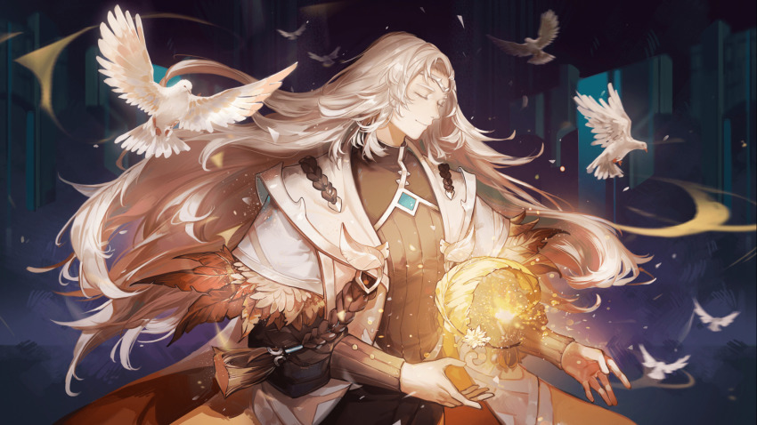 1boy bird blurry blurry_background coat collared_shirt dark closed_eyes feathers feet_out_of_frame flying flying_animal gyee hair_lift headband highres light light_rays long_hair long_sleeves male_focus mature_male official_art osmond_(gyee) shirt smile solo sparkle white_hair yingzi
