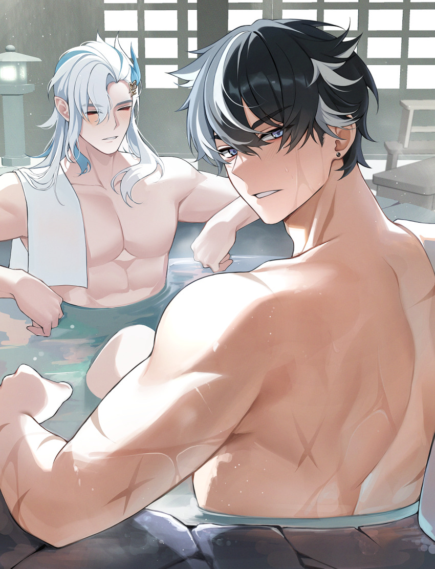 2boys genshin_impact highres hotsprings looking_at_viewer multiple_boys neuvillette_(genshin_impact) scar sitting steam towel_on_one_shoulder wet wriothesley_(genshin_impact)