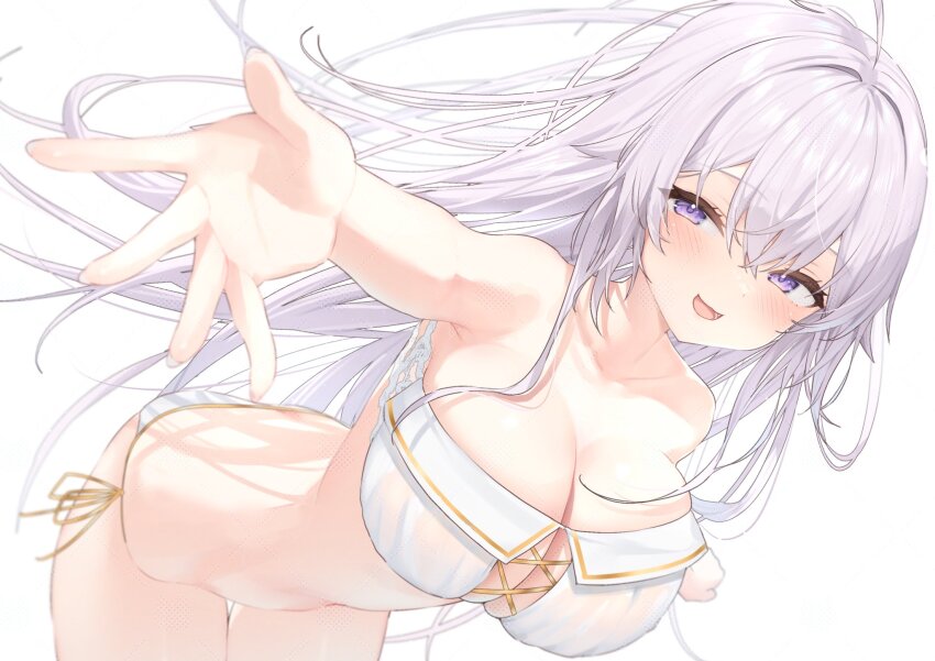1girl ahoge armpits bare_arms bare_shoulders bent_over bikini breasts cleavage commentary highres indie_virtual_youtuber large_breasts long_hair looking_at_viewer nen_0405 open_mouth outstretched_arm purple_eyes side-tie_bikini_bottom simple_background skindentation smile solo strapless strapless_bikini string_bikini swimsuit theanya thigh_gap thighs very_long_hair virtual_youtuber white_background white_bikini white_hair