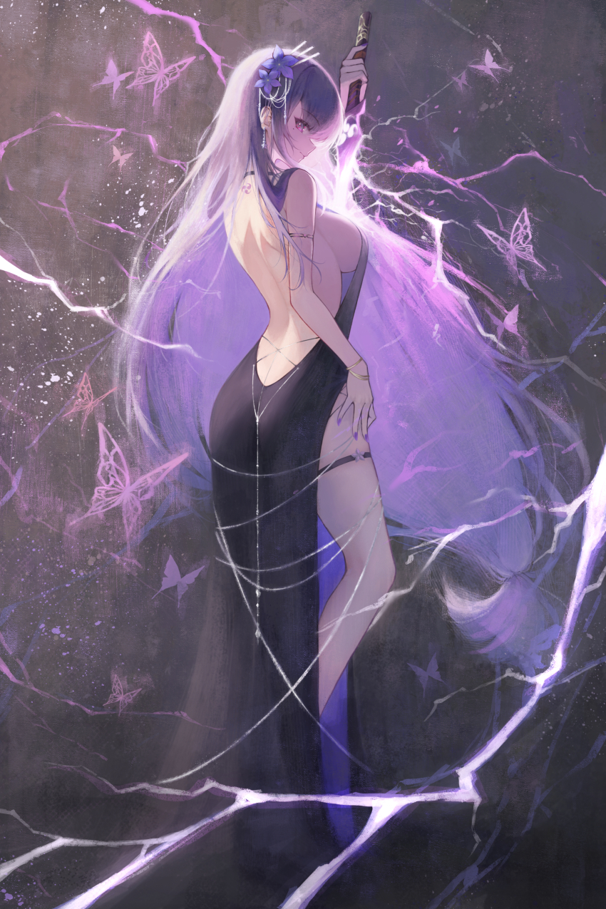 1girl absurdres alternate_costume armlet back_tattoo backless_dress backless_outfit black_dress bracelet breasts bug butterfly closed_mouth drawing_sword dress earrings evening_gown flower full_body genshin_impact hair_flower hair_ornament highres holding holding_sword holding_weapon ijac_ray insect jewelry large_breasts lightning long_hair mitsudomoe_(shape) mole mole_under_eye profile purple_butterfly purple_eyes purple_flower purple_hair purple_nails raiden_shogun side_slit sideboob solo sword sword_between_breasts tattoo thigh_strap thighs tomoe_(symbol) very_long_hair weapon