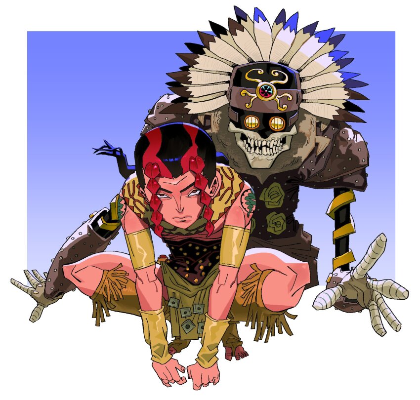 1boy arm_warmers armlet black_hair blue_background braid brown_eyes buttons disdain ennuikalart frown hand_up headdress highres in_a_silent_way_(stand) jewelry jojo_no_kimyou_na_bouken looking_at_viewer male_focus mask multicolored_hair native_american native_american_headdress pelvic_curtain ponytail red_hair sandman_(sbr) shoulder_tattoo skirt skull socks squatting stand_(jojo) steel_ball_run stirrup_legwear tassel tattoo toeless_legwear topless_male twin_braids two-tone_hair yellow_eyes yellow_skirt yellow_socks