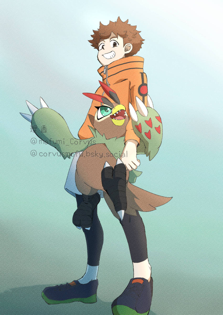 1boy absurdres beak bird brown_feathers brown_hair digimon digimon_(creature) digimon_survive falcomon feathers full_body gradient_background green_background green_feathers highres hinata_minoru jacket looking_at_another male_focus missing_commentary mofumi_corvus orange_jacket sharp_teeth shorts simple_background smile standing talons teeth white_shorts
