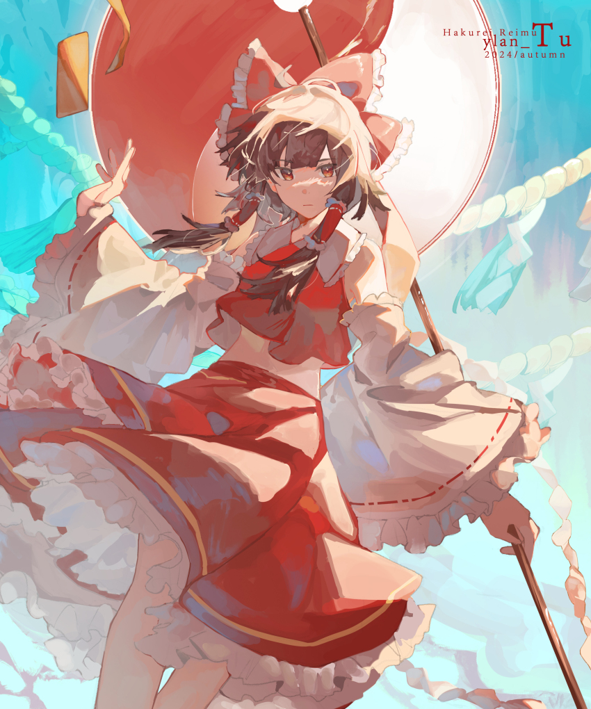 1girl :| absurdres artist_name bare_shoulders bow brown_eyes brown_hair character_name closed_mouth collared_shirt commentary crop_top detached_sleeves dutch_angle expressionless frilled_bow frilled_hair_tubes frilled_shirt_collar frilled_skirt frilled_sleeves frills gohei hair_tubes hakurei_reimu highres holding holding_gohei long_sleeves looking_to_the_side midriff orb red_bow red_shirt red_skirt ribbon-trimmed_sleeves ribbon_trim rope shide shimenawa shirt short_hair_with_long_locks sidelocks skirt skirt_set sleeveless sleeveless_shirt solo touhou white_sleeves wide_sleeves wind yin_yang yin_yang_orb ylan_tu