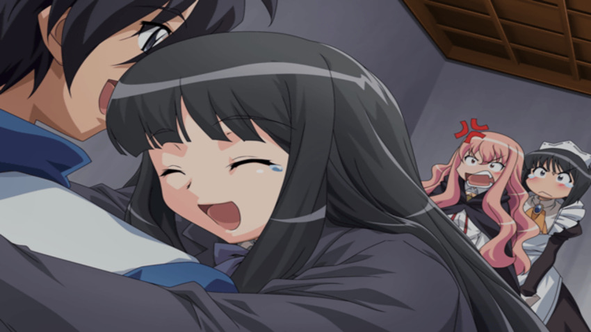 1boy 3girls anger_vein angry blush fang game_cg grey_eyes happy hiraga_saito hug jealous long_hair louise_francoise_le_blanc_de_la_valliere maid multiple_girls open_mouth pink_hair short_hair siesta_(zero_no_tsukaima) smile tears zero_no_tsukaima