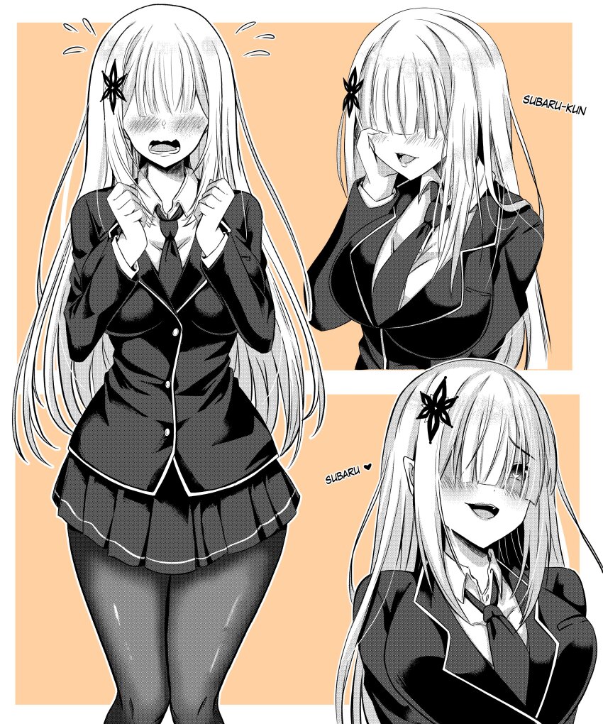 1girl absurdres alternate_costume ayannon_yumme blazer blush breasts commentary embarrassed english_commentary english_text hair_ornament hair_over_one_eye hand_on_own_cheek hand_on_own_face highres jacket large_breasts long_hair long_sleeves looking_at_viewer monochrome multiple_views open_mouth pantyhose pleated_skirt re:zero_kara_hajimeru_isekai_seikatsu satella_(re:zero) school_uniform shirt simple_background skirt smile white_shirt