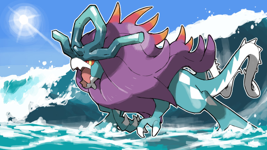 blacknirrow claws commentary day english_commentary highres multiple_tails nintendo no_humans ocean open_mouth outdoors pokemon pokemon_(creature) solo standing tail walking_wake water waves