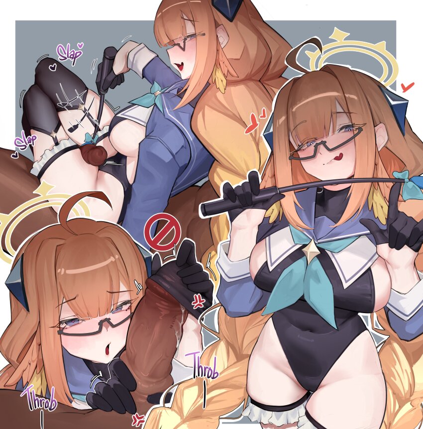 1boy 1girl absurdres assertive_female black_gloves black_leotard blue_archive blue_shrug blush braid braided_twintails breasts clothed_sex erection feather_hair femdom garter_straps glasses gloved_handjob gloves halo handjob hetero highleg highres holding holding_riding_crop large_breasts leotard long_hair looking_at_viewer official_alternate_costume ohwl open_mouth orange_hair penis riding_crop semi-rimless_eyewear shimiko_(blue_archive) shimiko_(magical)_(blue_archive) shrug_(clothing) smile thigh_sex twin_braids uncensored under-rim_eyewear