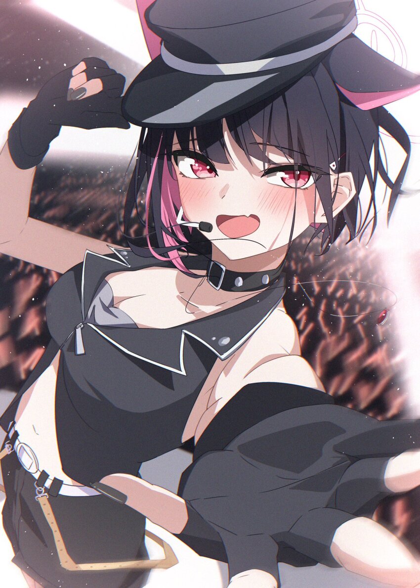 1girl :d animal_ears bare_shoulders black_choker black_gloves black_hair black_hat black_nails black_shorts blue_archive blush breasts cat_ears cat_girl choker cleavage colored_inner_hair commentary cosplay cowboy_shot extra_ears fang fingerless_gloves foreshortening gloves glowstick halo hand_up happy hat highres idol idol_clothes kazu_(kauk3753) kazusa_(blue_archive) looking_at_viewer medium_breasts multicolored_hair nail_polish navel open_mouth peaked_cap pink_hair pink_halo reaching reaching_towards_viewer red_eyes serika_(blue_archive) serika_(blue_archive)_(cosplay) serika_(idol)_(blue_archive) short_hair shorts skin_fang smile solo stage tsurime