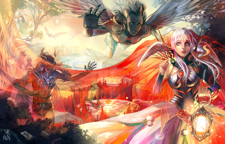 3girls 4boys abs alice_(alice_in_wonderland) alice_in_wonderland animal_ears armor bare_legs bare_shoulders barefoot bird_wings black_shirt blue_hair bracer breastplate breasts bush card castle character_request chest_jewel claws clenched_hand club_(shape) colored_skin commentary cup dark-skinned_male dark_skin demon_horns double_bun english_commentary evil_grin evil_smile eyelashes facial_mark fantasy feathered_wings feet_out_of_frame fire forehead_mark frown gem glowing glowing_eyes green_skin grey_pants grey_skin grin hair_bun hair_over_shoulder hair_through_headwear head_wings heart-shaped_gem highres holding holding_cup holding_lantern horns in_tree lake lantern large_breasts leotard light_particles lipstick long_hair long_skirt long_sleeves looking_ahead makeup mole mole_above_mouth multiple_boys multiple_girls open_mouth outstretched_arm pants pink_eyes pink_hair pink_lips pink_skirt playing_card ponytail rabbit_ears rabbit_girl red_eyes red_gemstone red_veil saiprin scared shirt sitting sitting_in_tree skirt sky sleeved_leotard smile star_(symbol) sunrise teeth tight_clothes toned toned_male tree upper_teeth_only veil white_hair white_leotard white_rabbit_(alice_in_wonderland) white_wings wide-eyed wings yellow_eyes yellow_horns yellow_sky zombie