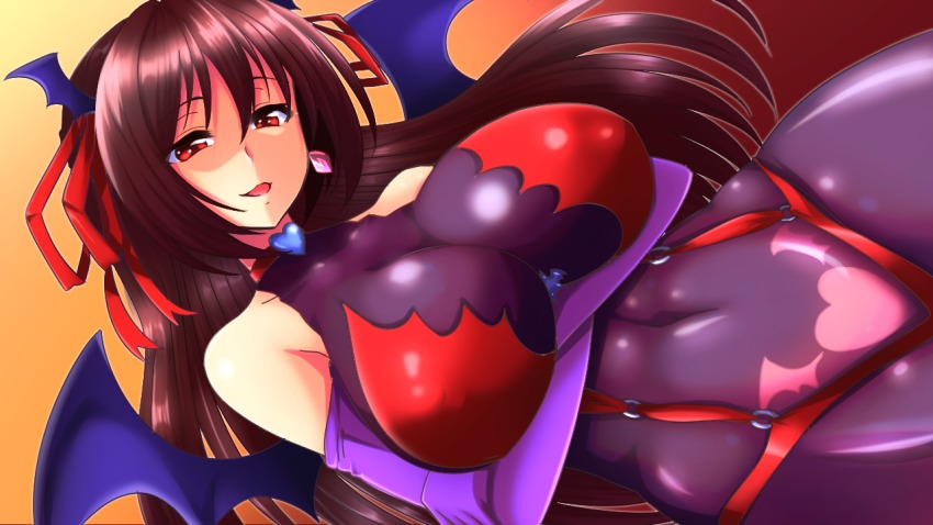 1girl bare_shoulders bikini black_wings breast_hold breast_rest breasts brown_hair collarbone curvy demon_girl demon_wings earrings elbow_gloves female_focus gloves gradient_background hair_ornament himeno_mikoto huge_breasts jewelry kaii_shoukougun leotard long_hair looking_at_viewer purple_gloves red_bikini red_eyes see-through_clothes shimazu_kaname simple_background skin_tight solo swimsuit wide_hips wings