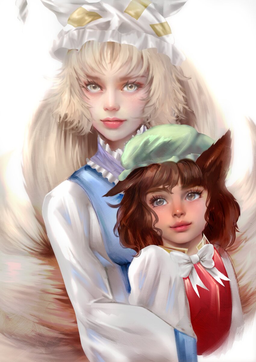 2girls animal_ears bad_id bad_twitter_id blonde_hair blue_tabard bow bowtie brown_eyes cat_ears chen closed_mouth collared_dress collared_vest commentary cropped_torso dark-skinned_female dark_skin dress ear_covers english_commentary eyelashes eyeshadow fox_tail frilled_dress frilled_headwear frills green_hat hat highres light_blush lipstick long_sleeves looking_at_viewer luo_qiangwei makeup mob_cap multiple_girls multiple_tails pink_lips realistic red_eyeshadow red_vest shirt short_hair simple_background single_ear_down sleeves_past_fingers sleeves_past_wrists smile tabard tail thick_eyebrows touhou vest white_background white_bow white_bowtie white_dress white_hat white_shirt yakumo_ran yellow_eyes